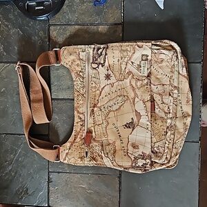 Fossil Voyages tan map canvas Crossbody messenger bag, unisex 5 sections
